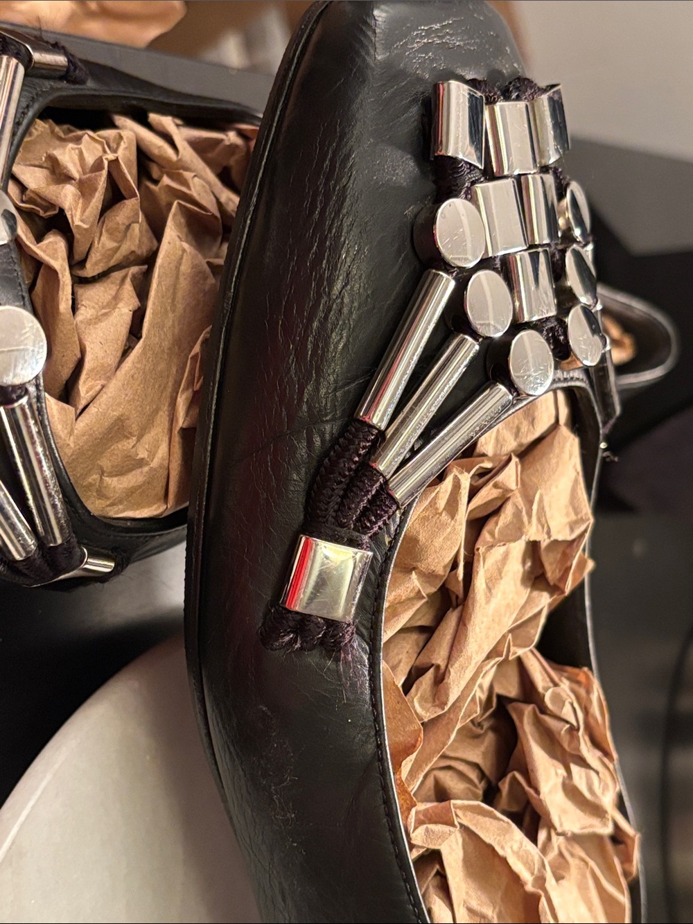 Gucci Black Leather Flats with Silver-Tone Stud Embellishments - Picture 10 of 13